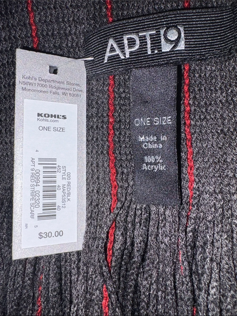 Apt. 9 Men's Gray & Black Striped Scarf with Red Pinstripes